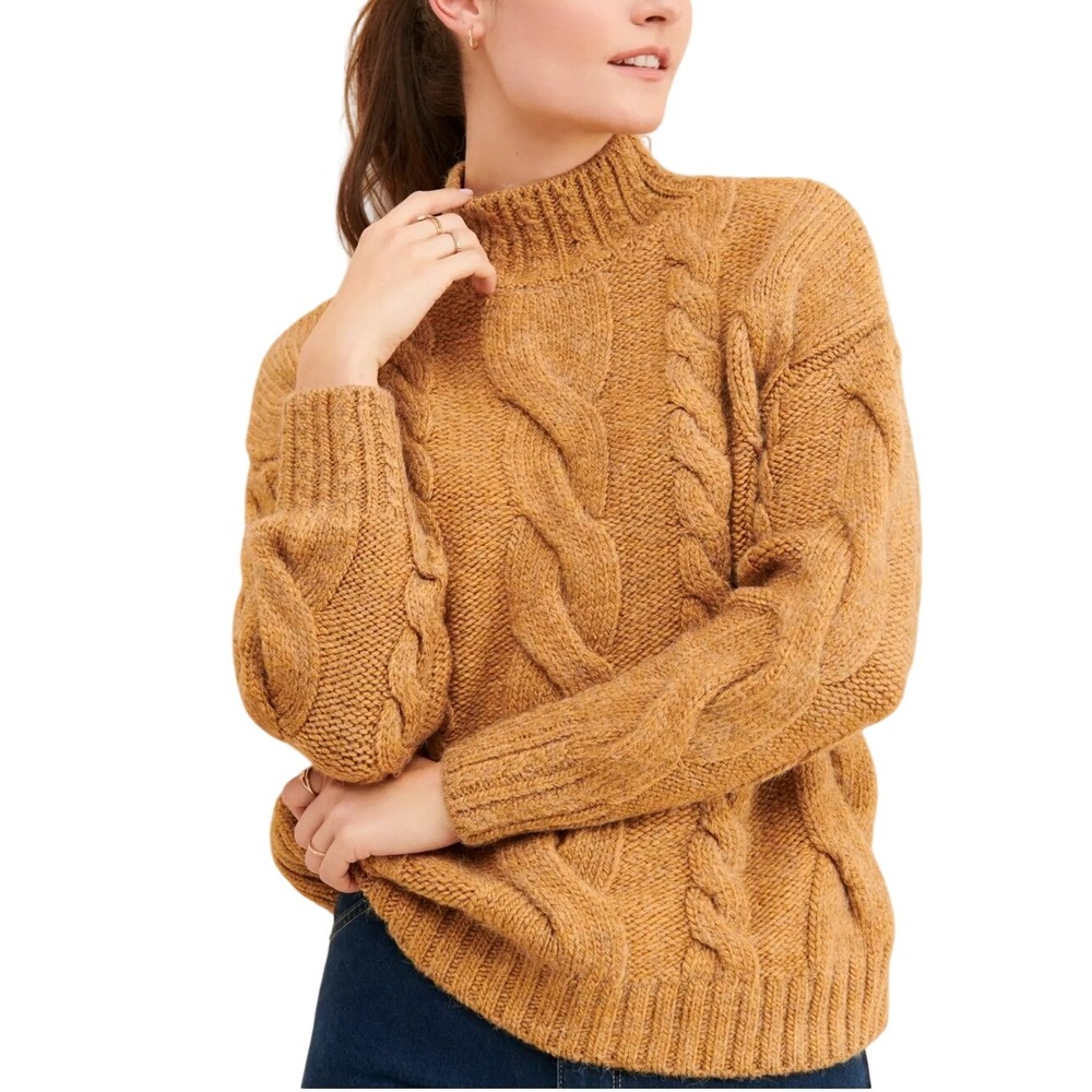 Anthropologie Cable Knit Sweater Women XL Brown Mock Neck Wool Blend Earthy Fall